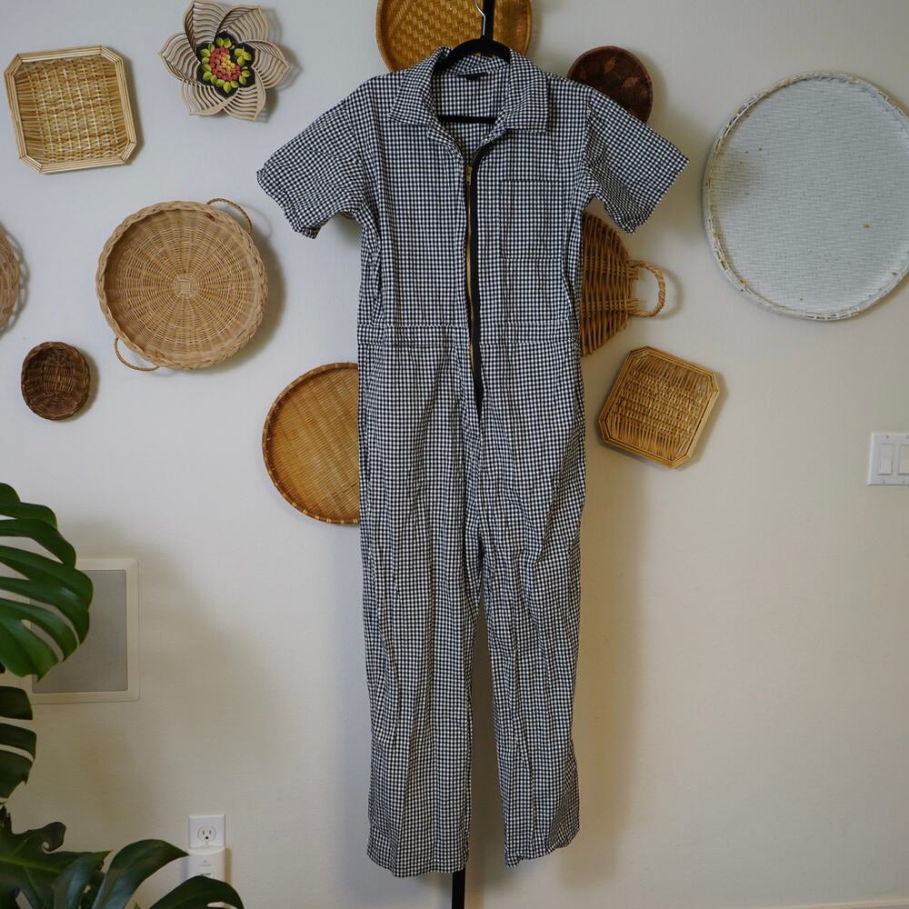Nooworks Short Sleeve Gingham Coverall Jumpsuit Gray Womens Size Large - Picture 5 of 10